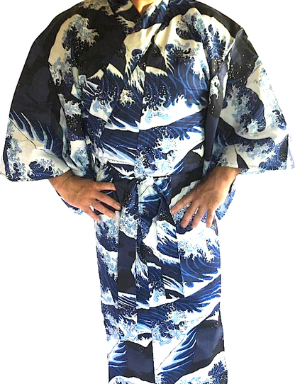 Men’s Yukata Nami Hokusai  Navy Blue - Great wave of Kanagawa - Made in Japan