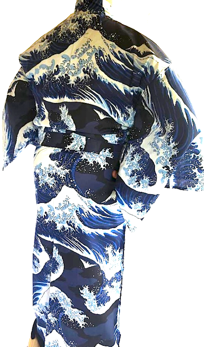 Men’s Yukata Nami Hokusai  Navy Blue - Great wave of Kanagawa - Made in Japan