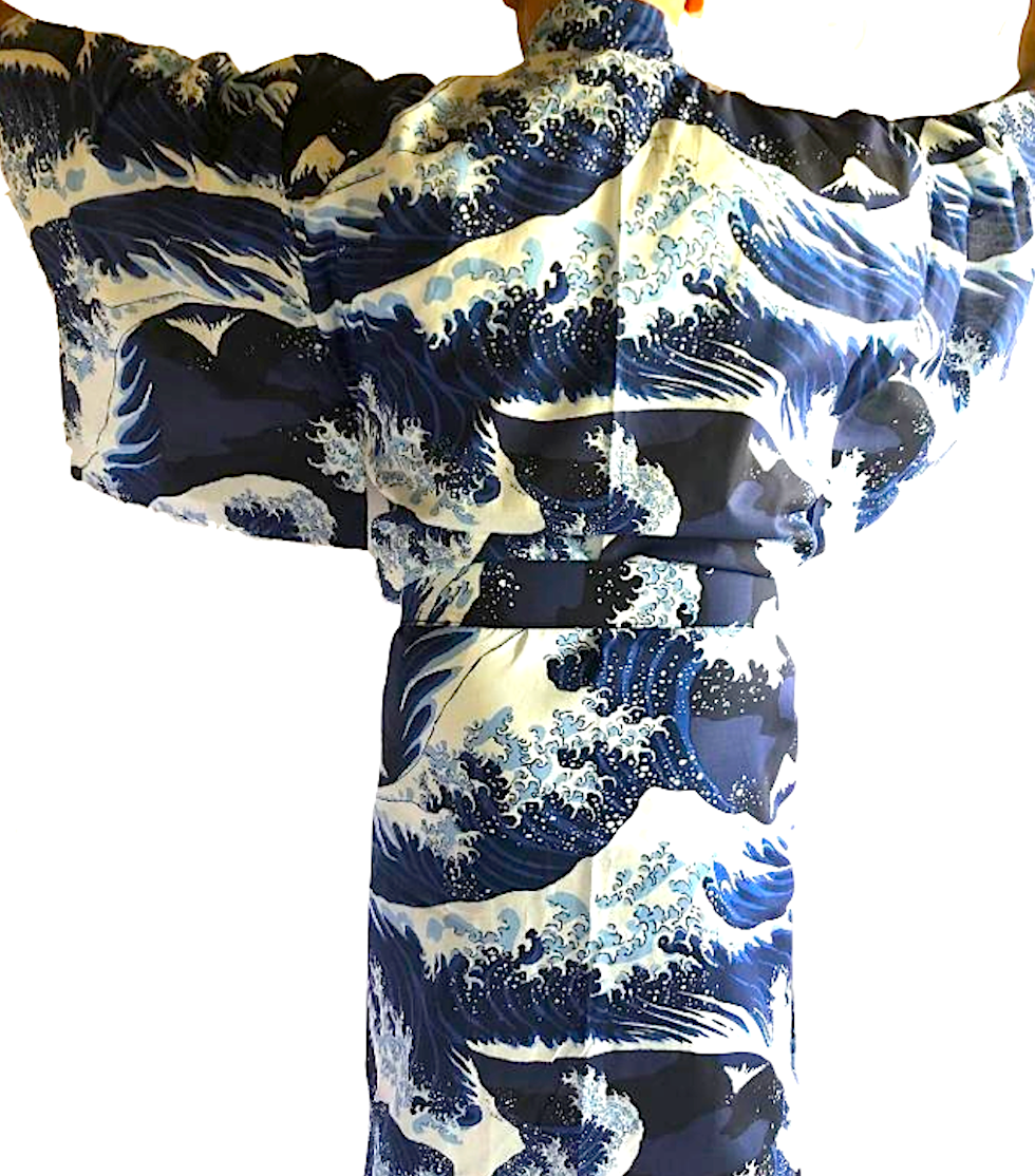 Men’s Yukata Nami Hokusai  Navy Blue - Great wave of Kanagawa - Made in Japan