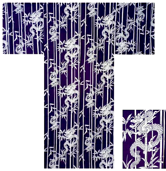 Men’s Japanese Yukata Take Ryu Navy Cotton Bamboo &  Dragon Made in Kyoto ,Japan