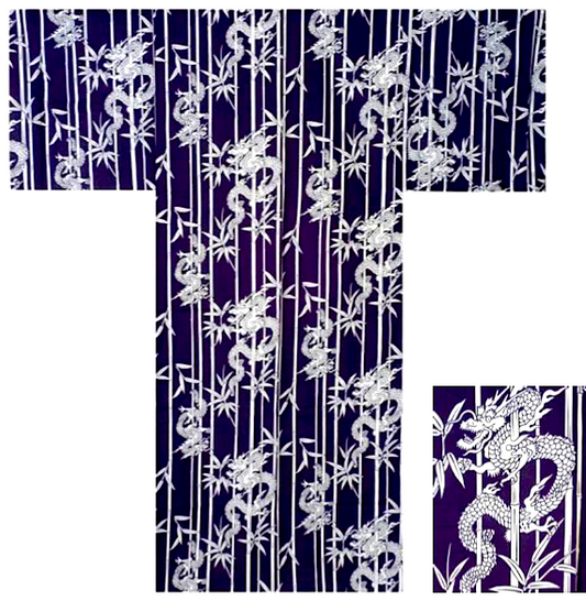 Men’s Japanese Yukata Take Ryu Navy Cotton Bamboo &  Dragon Made in Kyoto ,Japan