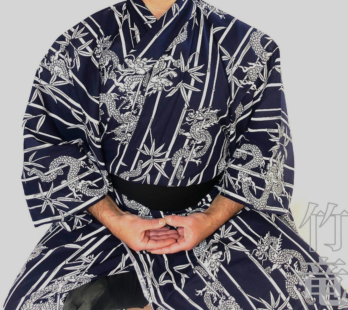 Men’s Japanese Yukata Take Ryu Navy Cotton Bamboo &  Dragon Made in Kyoto ,Japan
