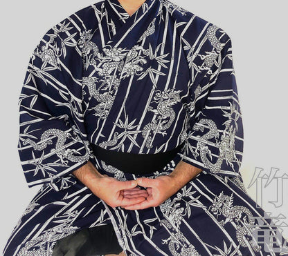 Men’s Japanese Yukata Take Ryu Navy Cotton Bamboo &  Dragon Made in Kyoto ,Japan