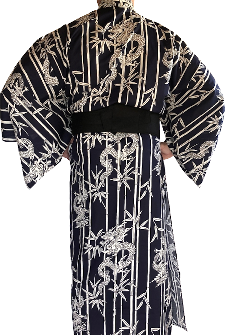 Men’s Japanese Yukata Take Ryu Navy Cotton Bamboo &  Dragon Made in Kyoto ,Japan
