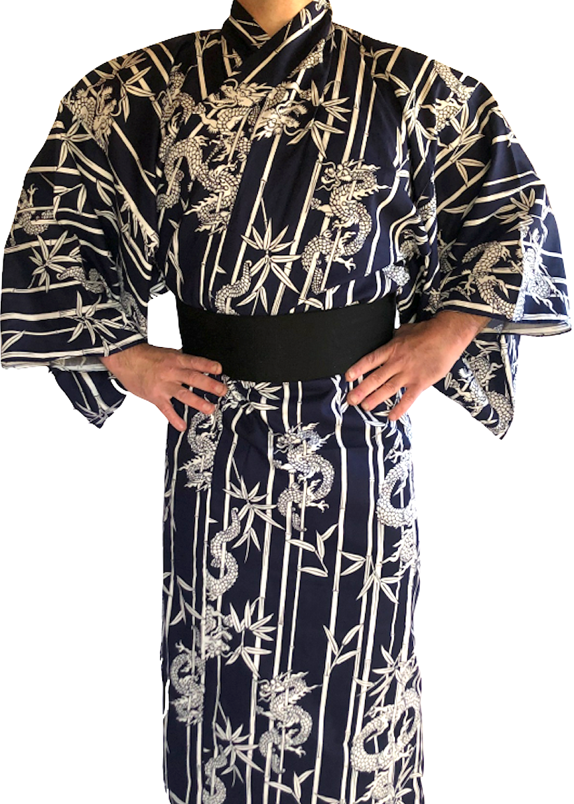 Men’s Japanese Yukata Take Ryu Navy Cotton Bamboo &  Dragon Made in Kyoto ,Japan