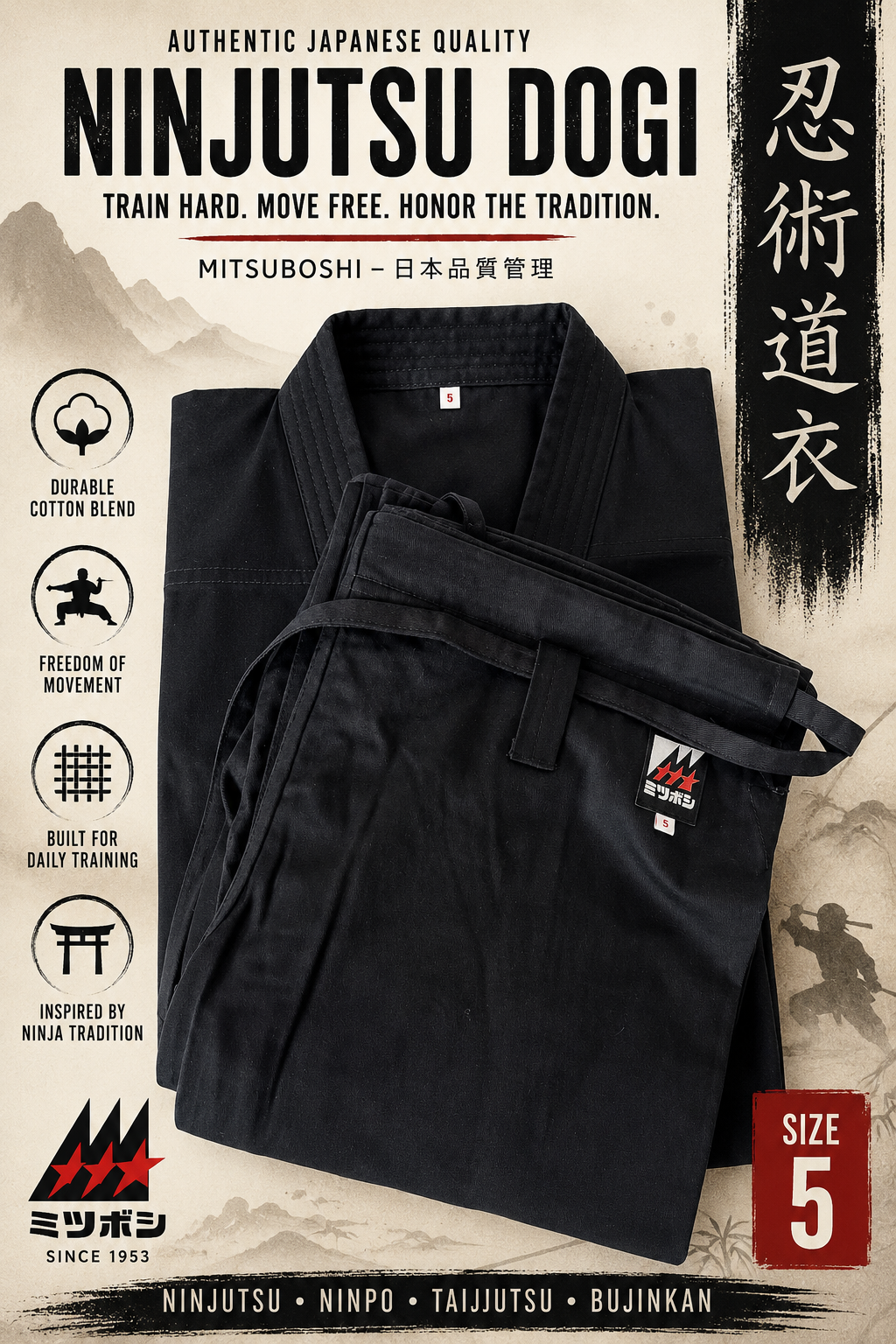 Mitsuboshi K-350 Black Ninjutsu Uniform Size 5