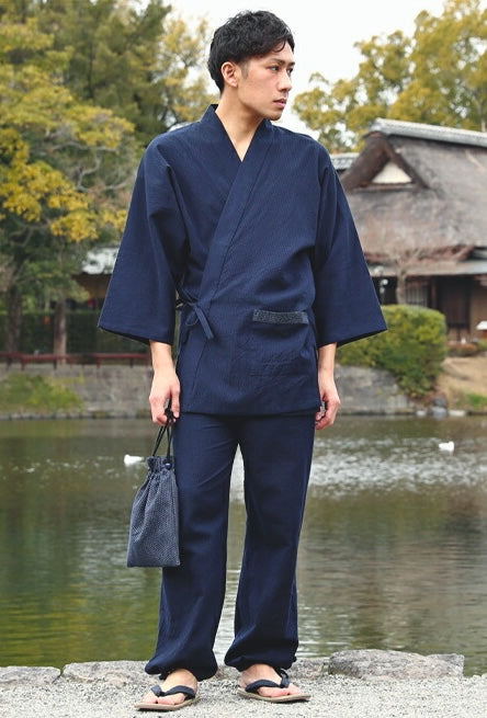 Navy Blue Chijimi Ori Cotton Samue