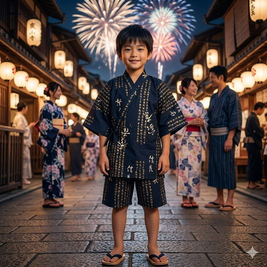 Navy Blue Hideyoshi Shogun Jinbei for Boys – Made in Japan