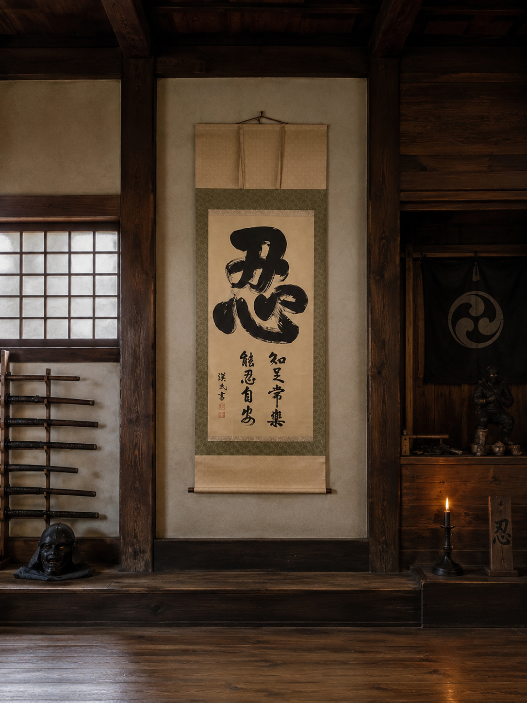 Ninjutsu Kakejiku 忍 NIN “Chisoku Jōraku, Nōnin Jian” Japanese Calligraphy Scroll