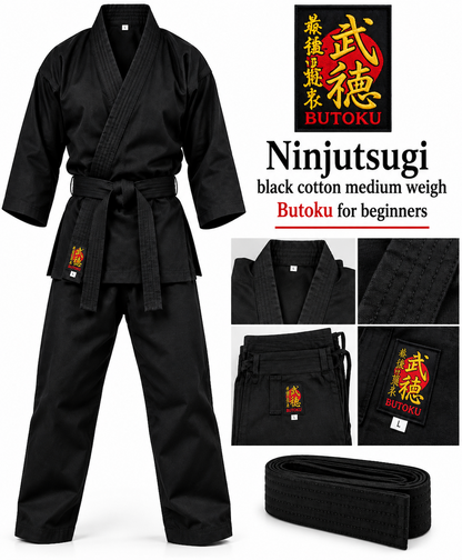 BUTOKU Black Cotton Ninjutsugi – Medium-Weight Ninjutsu Uniform for Beginners