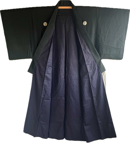 Traditional Japanese Kimono for Men  Black Silk with Mitsu Icho Crest