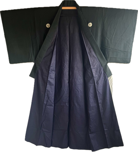 Traditional Japanese Kimono for Men  Black Silk with Mitsu Icho Crest
