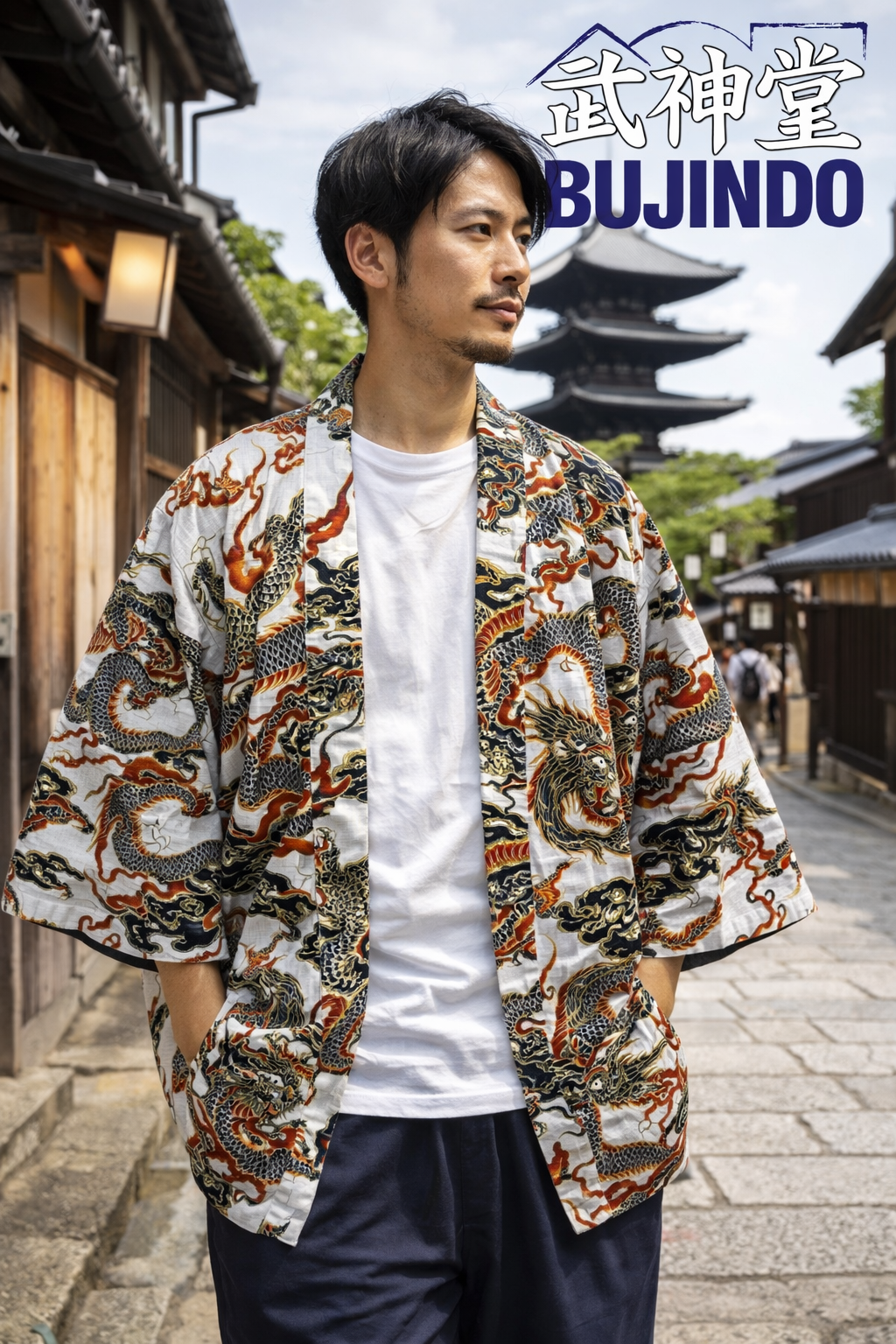 Traditional Japanese Hanten Jacket Cotton White Dragon– Made in Japan