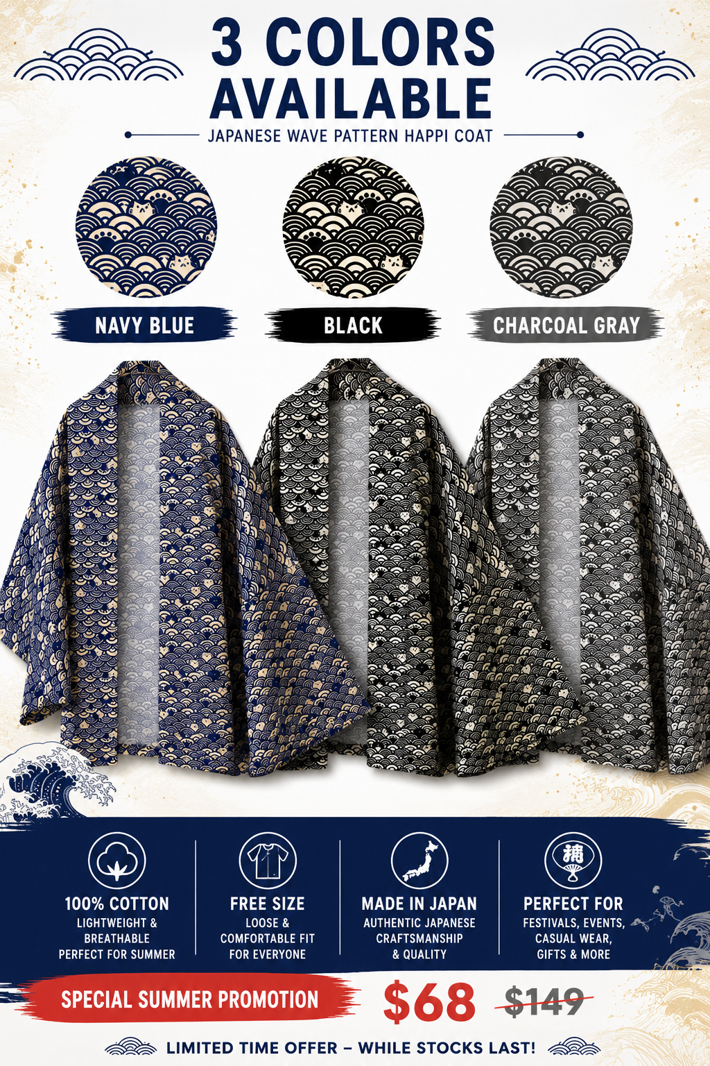 Japanese Wave Cat Summer Hanten – Cotton Nami Neko Jacket Made in Japan