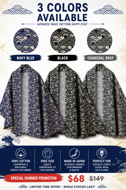 Japanese Wave Cat Summer Hanten – Cotton Nami Neko Jacket Made in Japan