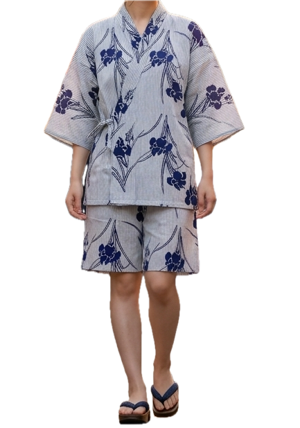 Women’s Jinbei “Ayame” – Iris & Stripe Cotton Jinbei Made in Japan