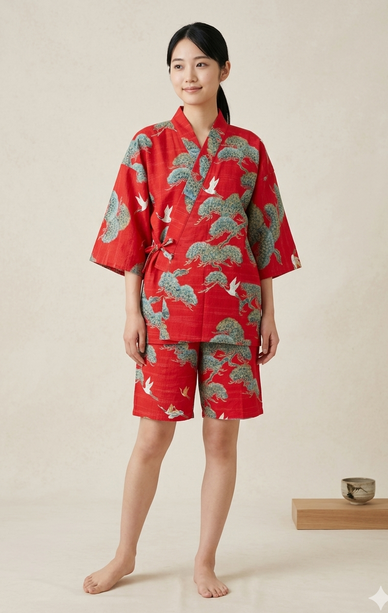 Women’s Jinbei “Matsu Tsuru” – Pine & Crane  Made in Japan