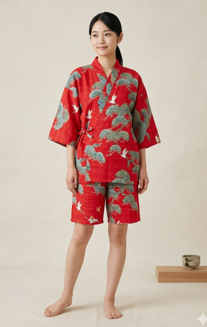 Women’s Jinbei “Matsu Tsuru” – Pine & Crane  Made in Japan