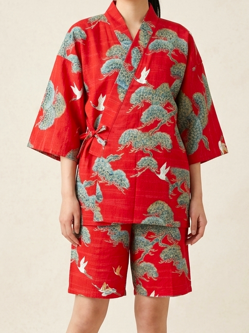 Women’s Jinbei “Matsu Tsuru” – Pine & Crane  Made in Japan